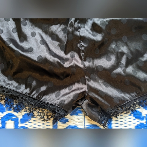 Silky Satin Black Polka Dot Short Sleeve Button Up and Shorts Set with Lace Trim - Picture 4 of 8